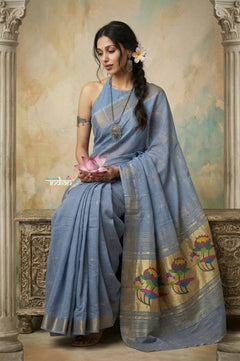 Virasat 2.0 ~ Handloom Pure Cotton Paithani With Lotus Pallu ~ Powder Blue