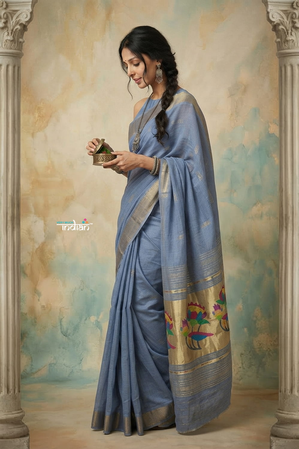 Virasat 2.0 ~ Handloom Pure Cotton Paithani With Lotus Pallu ~ Powder Blue
