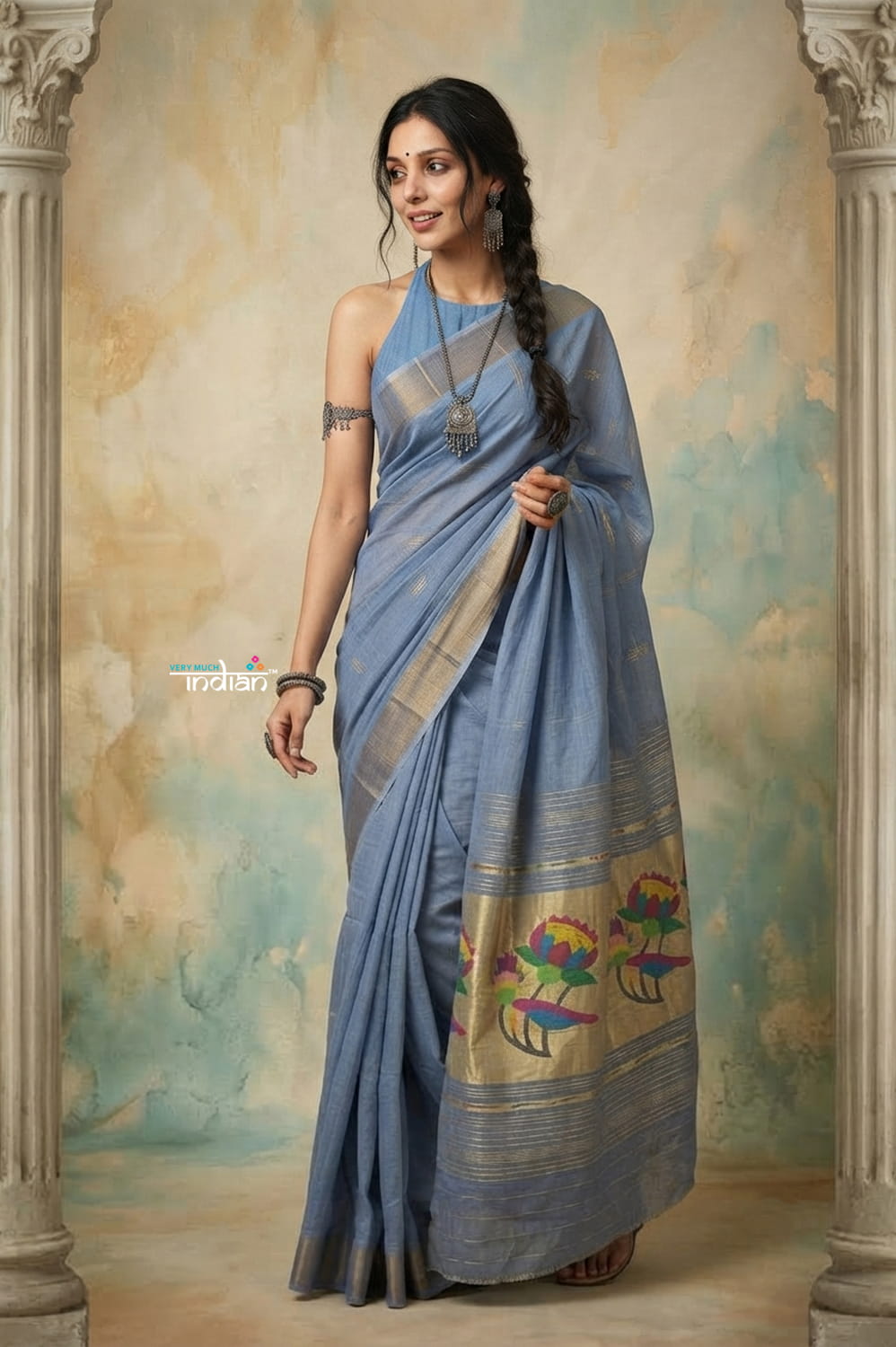 Virasat 2.0 ~ Handloom Pure Cotton Paithani With Lotus Pallu ~ Powder Blue