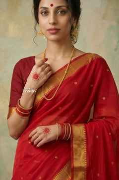 Virasat 2.0 ~ Handloom Pure Cotton Paithani With Designer Maa Durga Pallu ~ Crimson Red