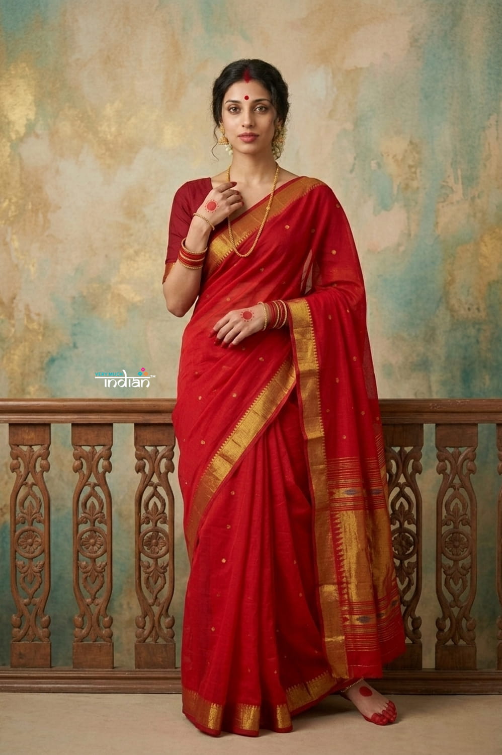 Virasat 2.0 ~ Handloom Pure Cotton Paithani With Designer Maa Durga Pallu ~ Crimson Red