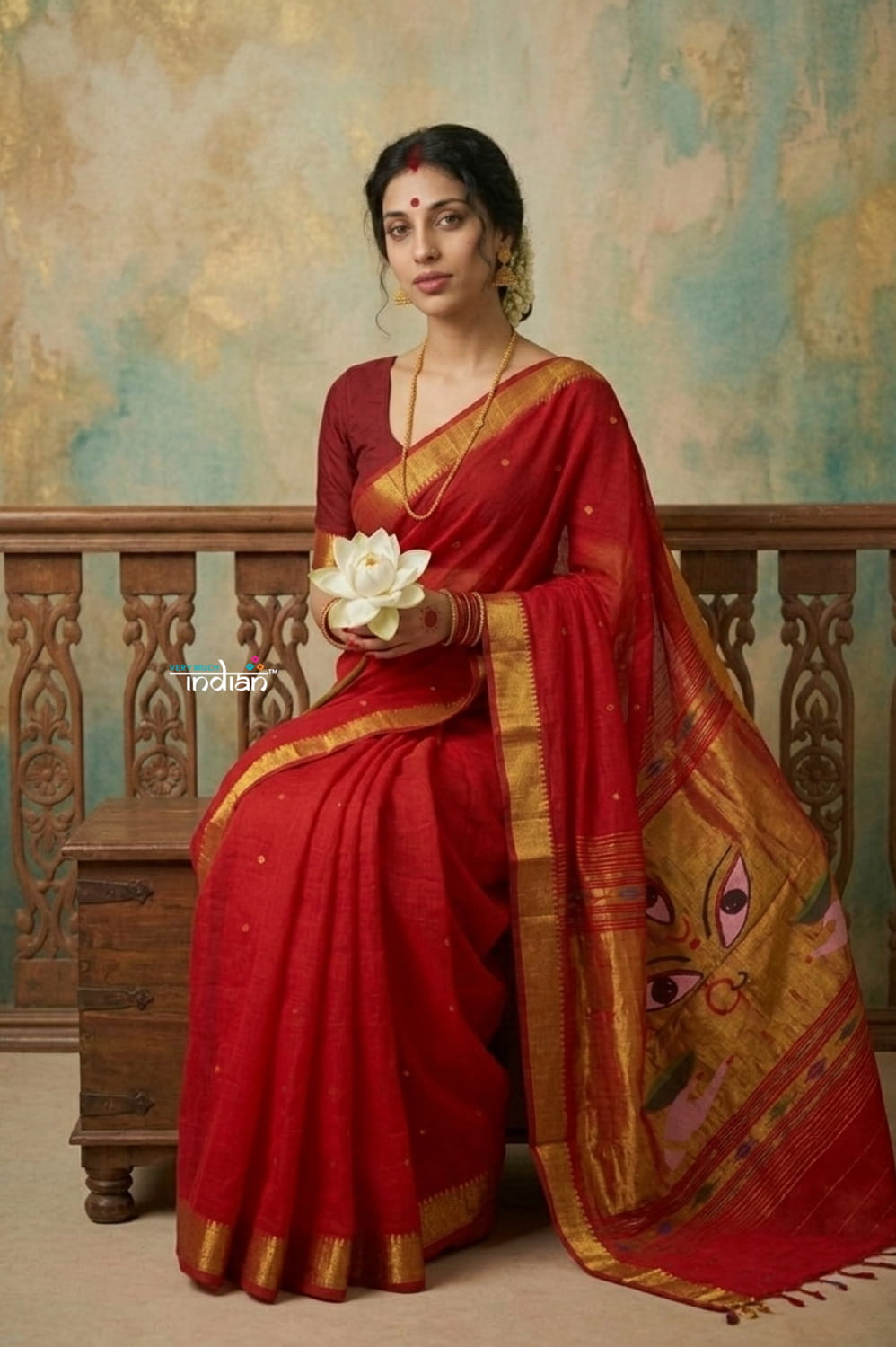 Virasat 2.0 ~ Handloom Pure Cotton Paithani With Designer Maa Durga Pallu ~ Crimson Red