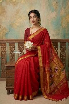Virasat 2.0 ~ Handloom Pure Cotton Paithani With Designer Maa Durga Pallu ~ Crimson Red