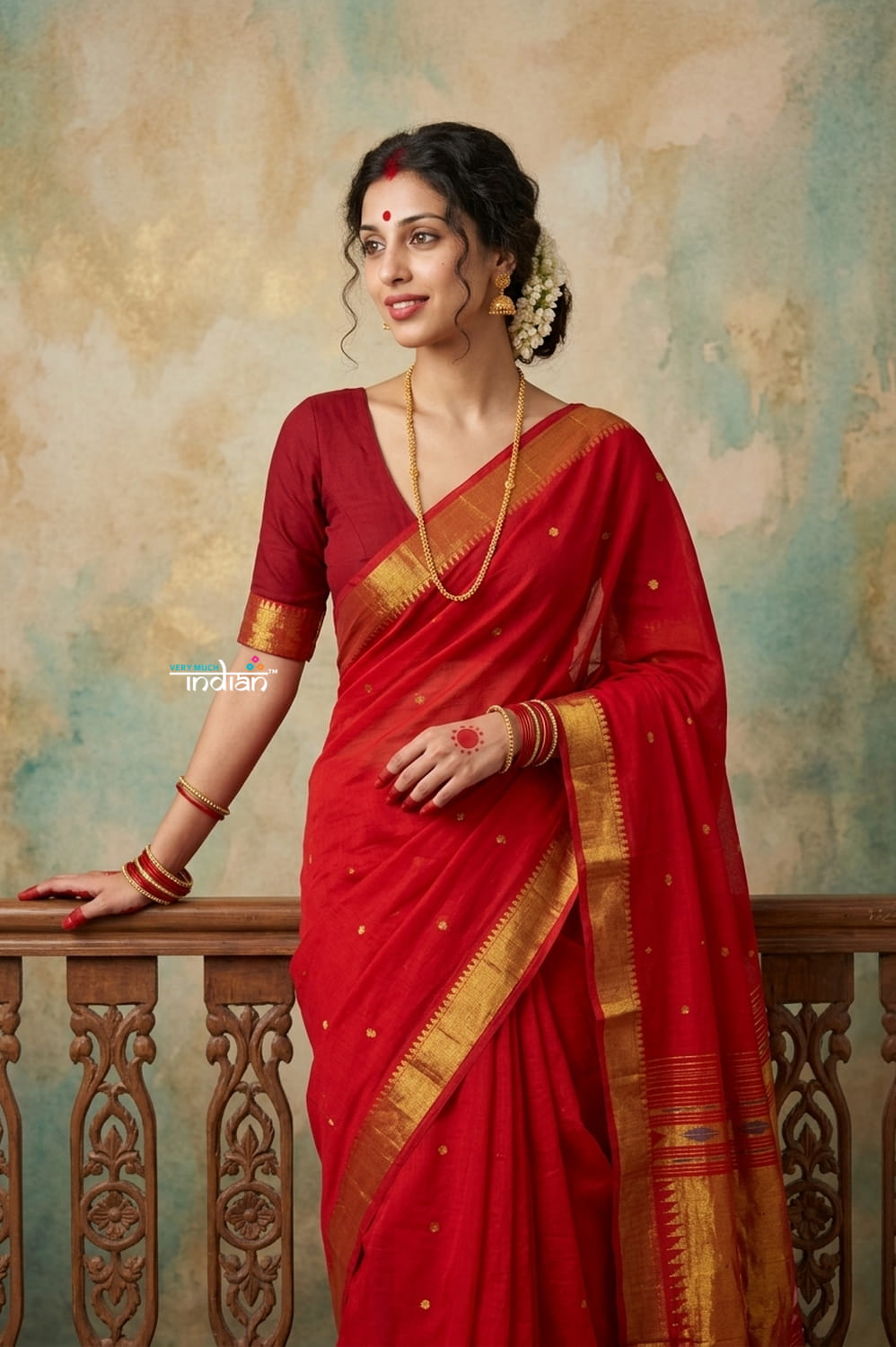 Virasat 2.0 ~ Handloom Pure Cotton Paithani With Designer Maa Durga Pallu ~ Crimson Red