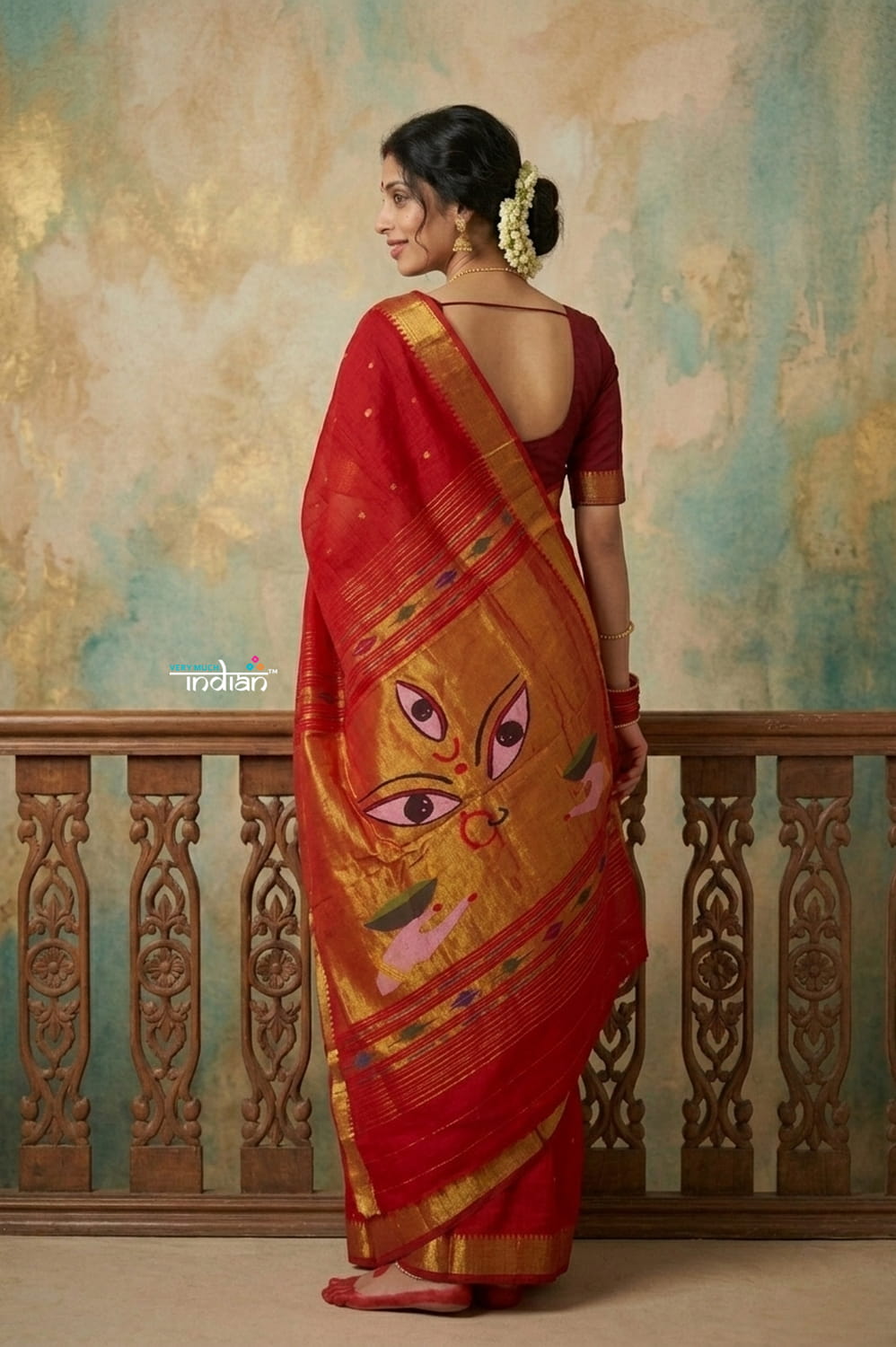 Virasat 2.0 ~ Handloom Pure Cotton Paithani With Designer Maa Durga Pallu ~ Crimson Red