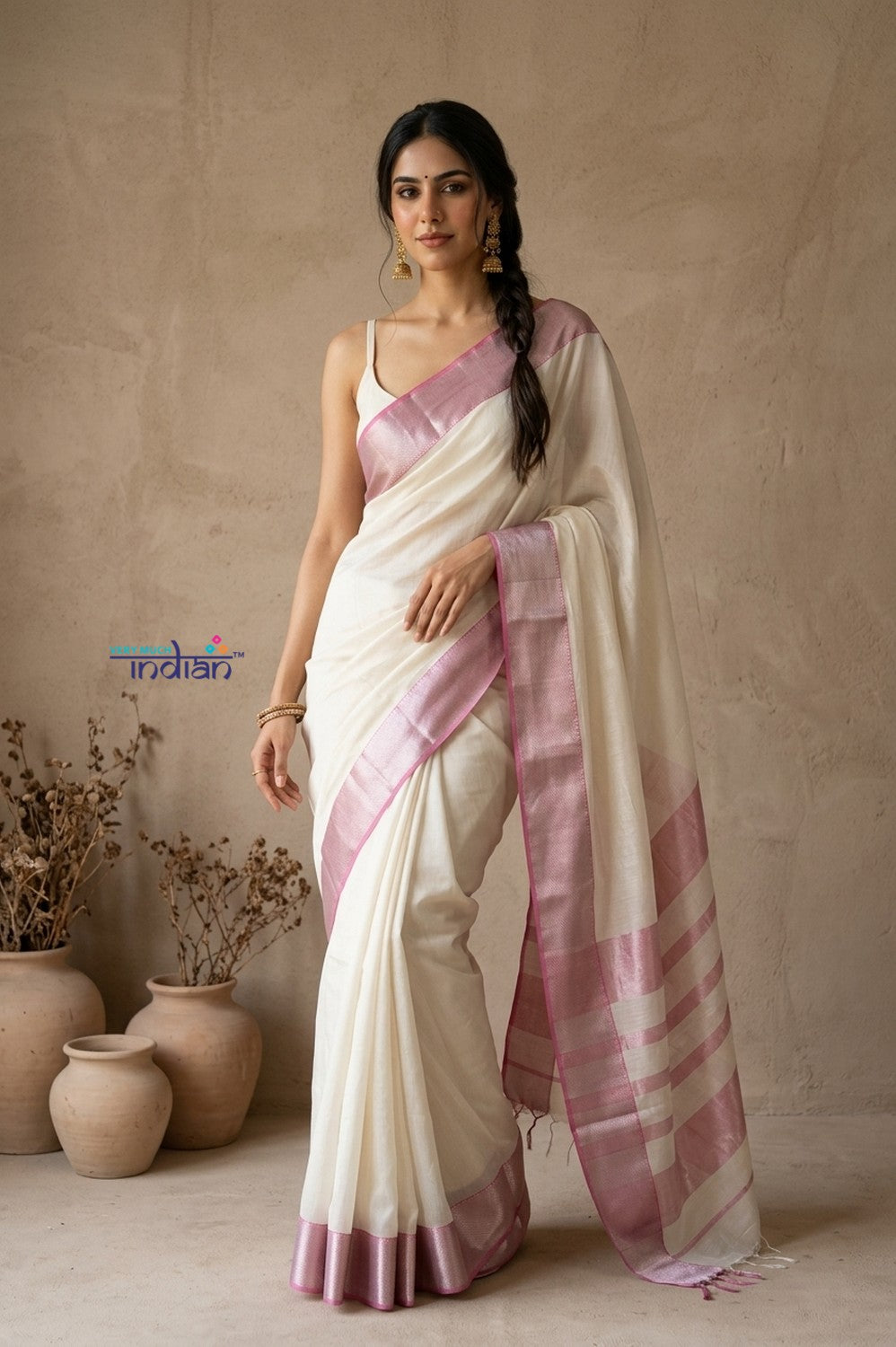Tarang 2.0 ~ Designer Handloom Cotton Silk Saree in White and Pink