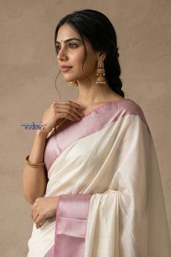 Tarang 2.0 ~ Designer Handloom Cotton Silk Saree in White and Pink