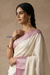 Tarang 2.0 ~ Designer Handloom Cotton Silk Saree in White and Pink