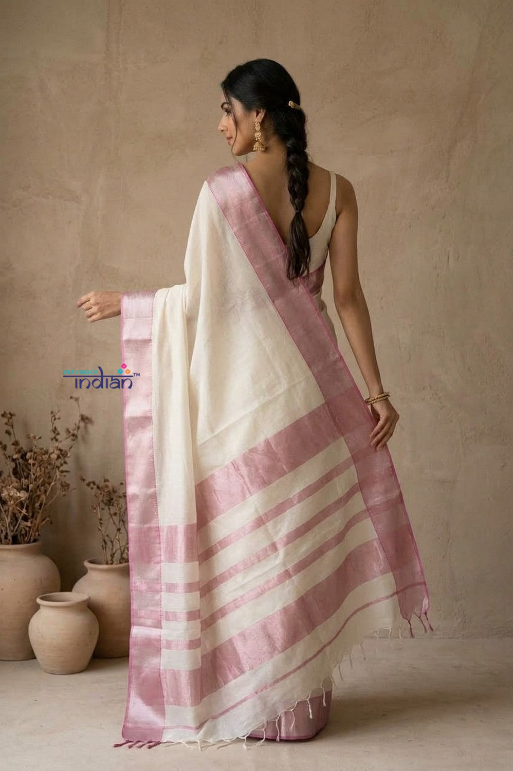 Tarang 2.0 ~ Designer Handloom Cotton Silk Saree in White and Pink