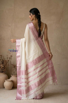 Tarang 2.0 ~ Designer Handloom Cotton Silk Saree in White and Pink