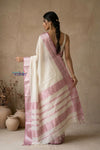 Tarang 2.0 ~ Designer Handloom Cotton Silk Saree in White and Pink