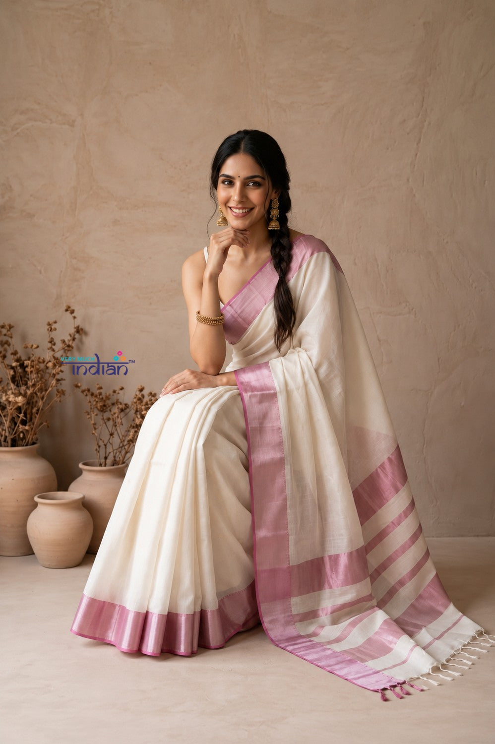 Tarang 2.0 ~ Designer Handloom Cotton Silk Saree in White and Pink