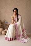 Tarang 2.0 ~ Designer Handloom Cotton Silk Saree in White and Pink