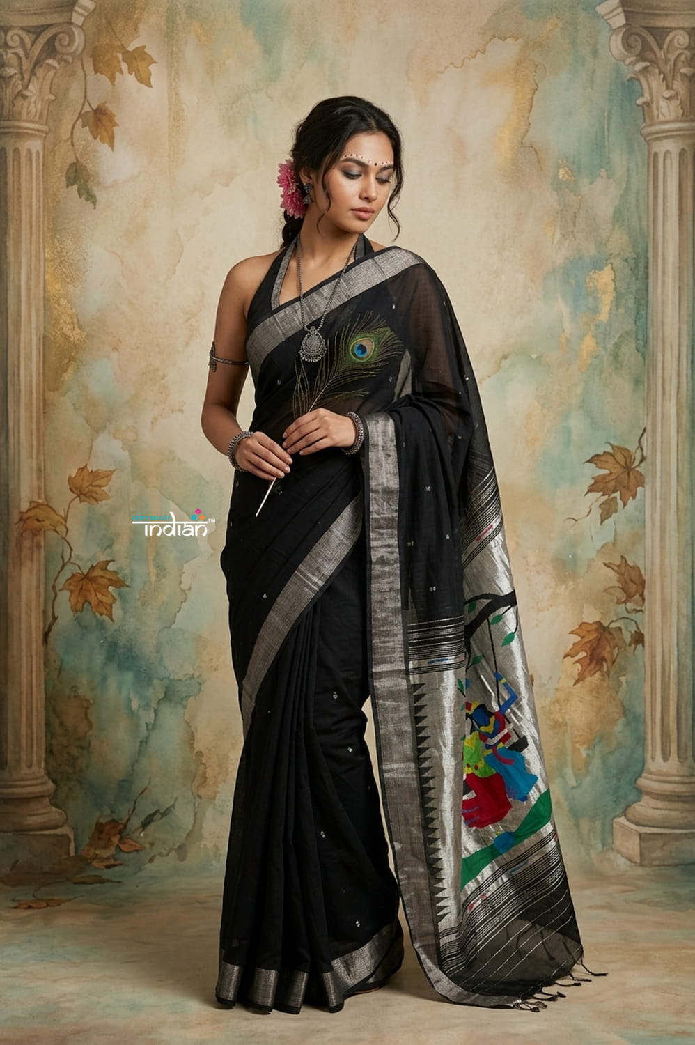 Virasat 2.0 ~ Handloom Pure Cotton Paithani With Designer Radha Krishna Pallu ~ Charcoal Black