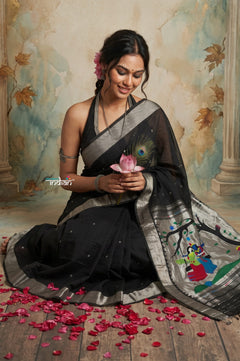 Virasat 2.0 ~ Handloom Pure Cotton Paithani With Designer Radha Krishna Pallu ~ Charcoal Black