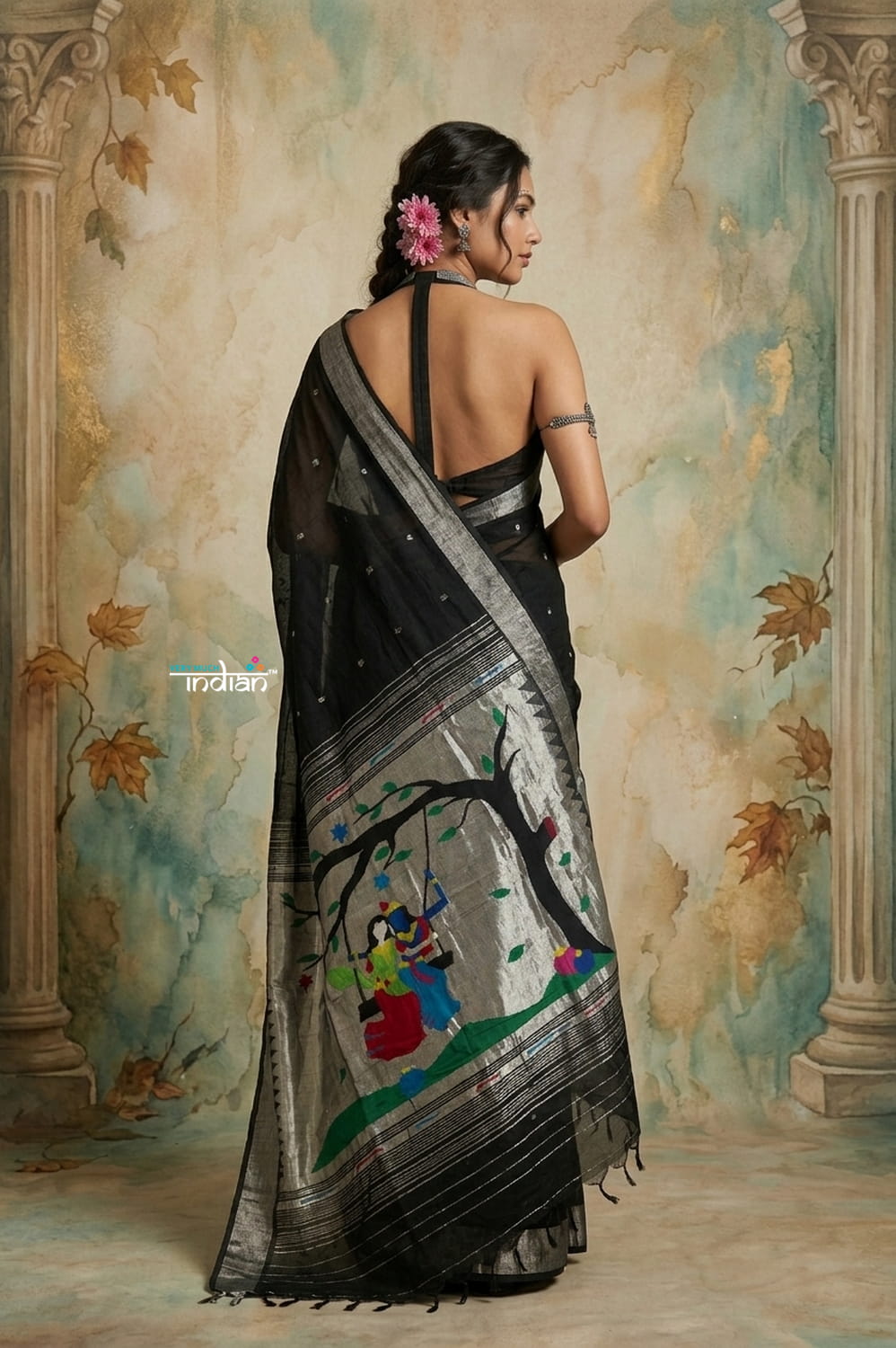 Virasat 2.0 ~ Handloom Pure Cotton Paithani With Designer Radha Krishna Pallu ~ Charcoal Black