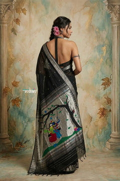 Virasat 2.0 ~ Handloom Pure Cotton Paithani With Designer Radha Krishna Pallu ~ Charcoal Black