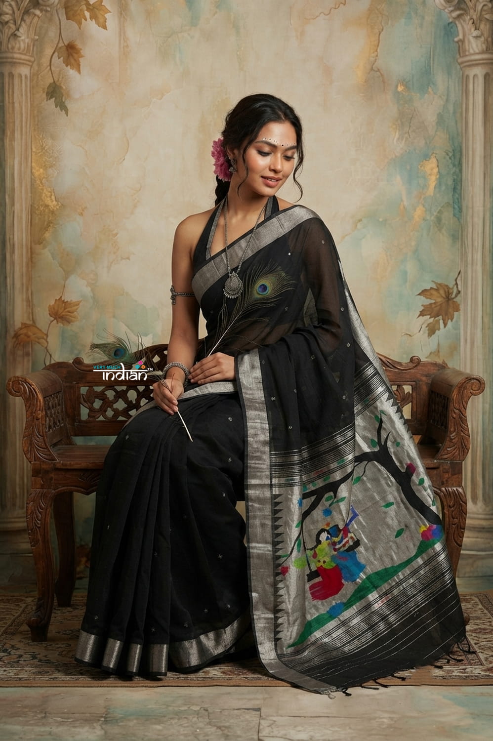 Virasat 2.0 ~ Handloom Pure Cotton Paithani With Designer Radha Krishna Pallu ~ Charcoal Black