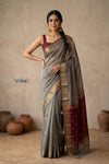 Tarang 2.0 ~ Designer Handloom Cotton Silk Saree in Sandstone Grey and Maroon
