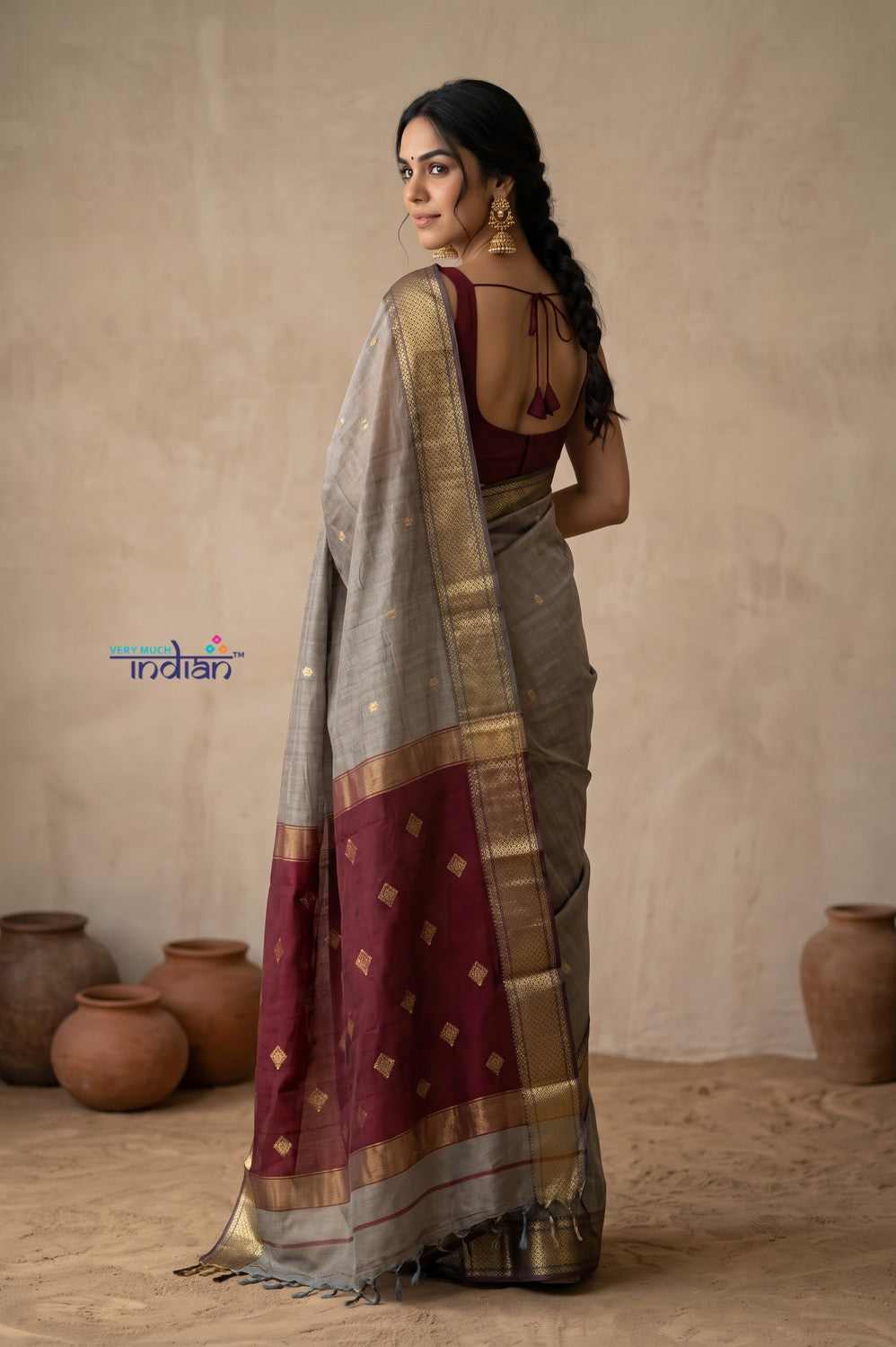 Tarang 2.0 ~ Designer Handloom Cotton Silk Saree in Sandstone Grey and Maroon