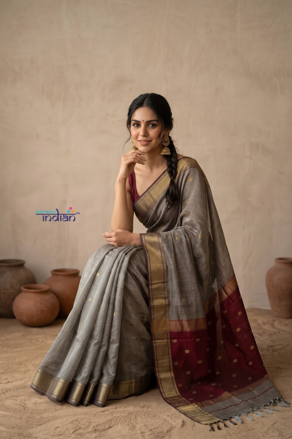 Tarang 2.0 ~ Designer Handloom Cotton Silk Saree in Sandstone Grey and Maroon