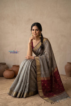 Tarang 2.0 ~ Designer Handloom Cotton Silk Saree in Sandstone Grey and Maroon