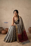 Tarang 2.0 ~ Designer Handloom Cotton Silk Saree in Sandstone Grey and Maroon