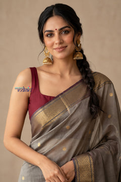 Tarang 2.0 ~ Designer Handloom Cotton Silk Saree in Sandstone Grey and Maroon