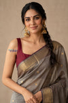 Tarang 2.0 ~ Designer Handloom Cotton Silk Saree in Sandstone Grey and Maroon