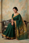 Virasat 2.0 ~ Handloom Pure Cotton Paithani With Designer Maa Durga Pallu ~ Forest Green