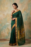 Virasat 2.0 ~ Handloom Pure Cotton Paithani With Designer Maa Durga Pallu ~ Forest Green