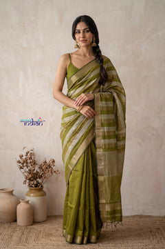 Tarang 2.0 ~ Designer Handloom Cotton Silk Saree in Leaf Green and Gold