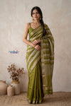 Tarang 2.0 ~ Designer Handloom Cotton Silk Saree in Leaf Green and Gold