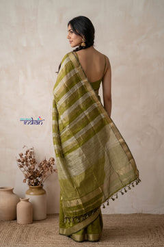 Tarang 2.0 ~ Designer Handloom Cotton Silk Saree in Leaf Green and Gold