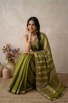 Tarang 2.0 ~ Designer Handloom Cotton Silk Saree in Leaf Green and Gold