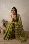 Tarang 2.0 ~ Designer Handloom Cotton Silk Saree in Leaf Green and Gold