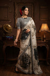 Bengal Gatha ~ Handloom Pure Silk Saree with Digital Print in White and Black