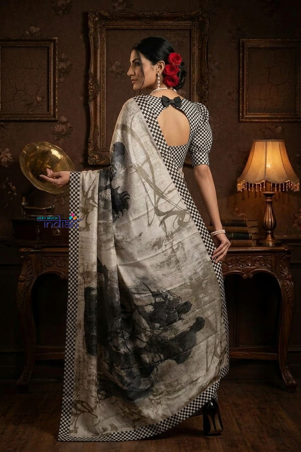 Bengal Gatha ~ Handloom Pure Silk Saree with Digital Print in White and Black