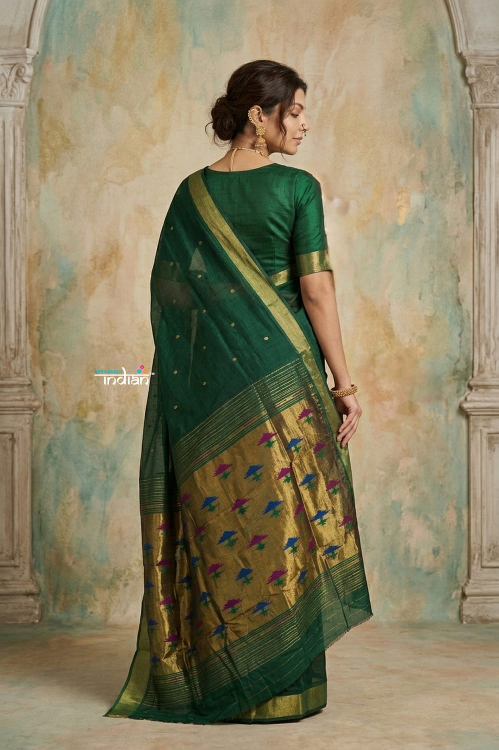 Virasat 2.0 ~ Handloom Pure Cotton Paithani With Asawali Pallu ~ Forest Green