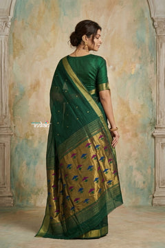 Virasat 2.0 ~ Handloom Pure Cotton Paithani With Asawali Pallu ~ Forest Green