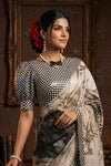 Bengal Gatha ~ Handloom Pure Silk Saree with Digital Print in White and Black