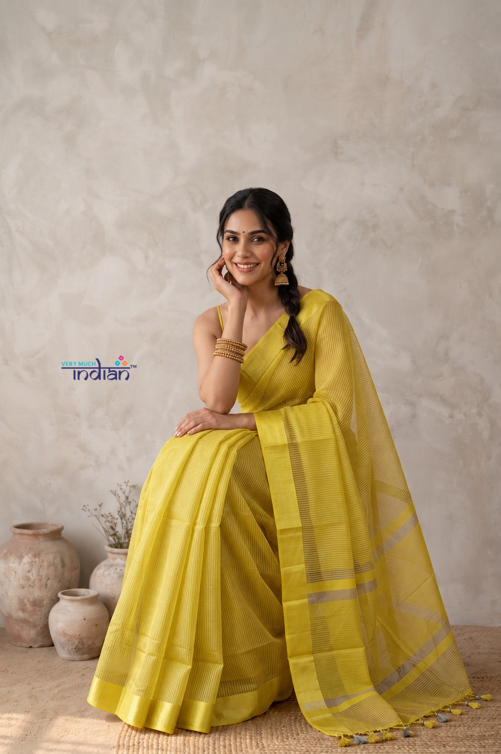 Chandani Chanderi ~ Handloom Chanderi Silk Saree with Motifs in Mustard Yellow - verymuchindian.com Chandani Chanderi~ Designer Handloom Pure Chanderi Cotton Silk Saree in Lime Yellow