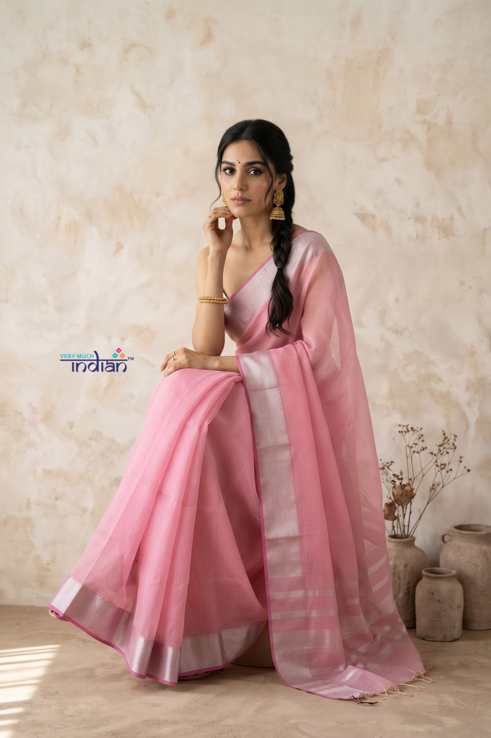 Tarang 2.0 ~ Designer Handloom Cotton Silk Saree in Powder Pink