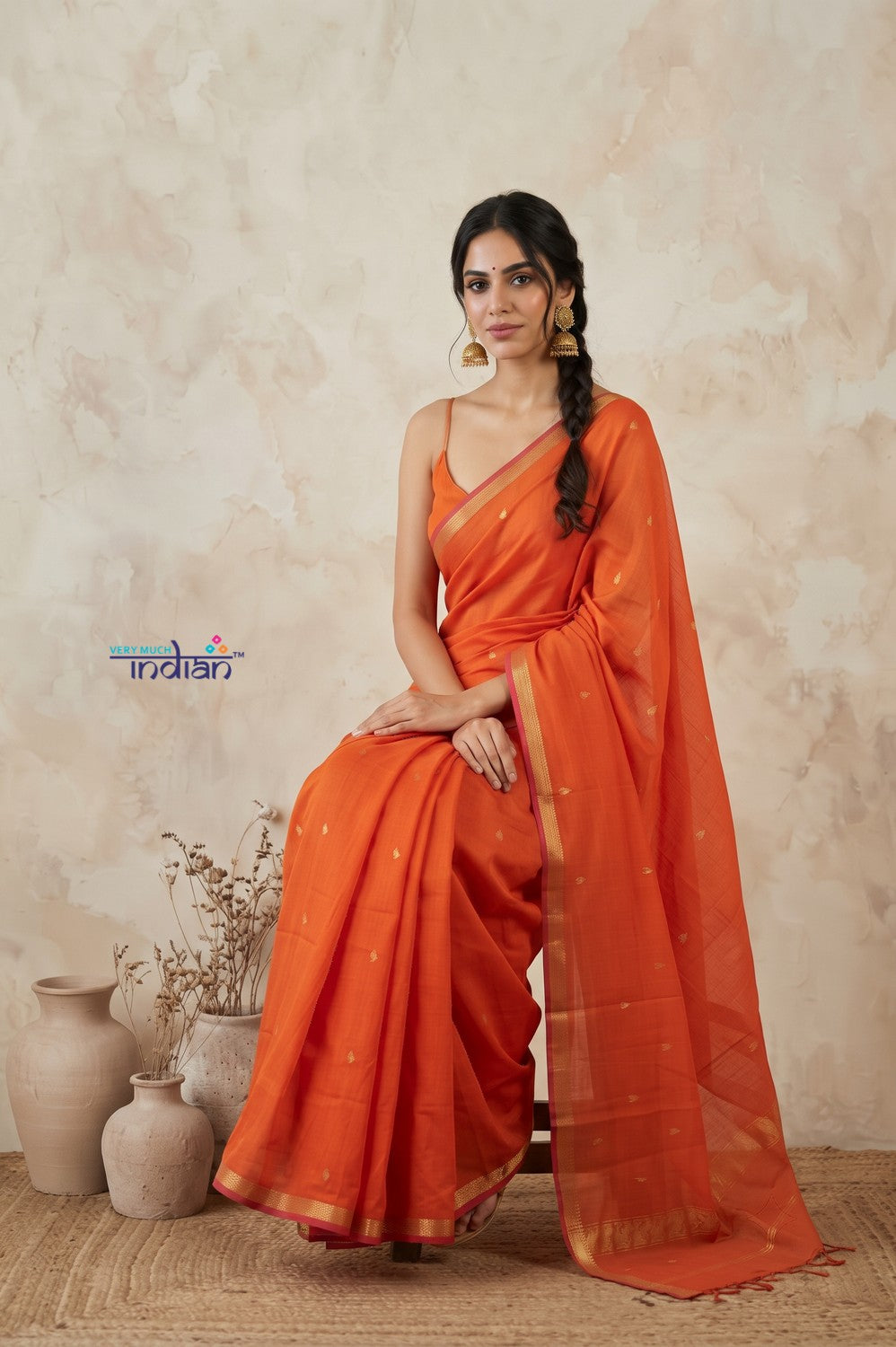 Tarang 2.0 ~ Designer Handloom Cotton Silk Saree in Salient Orange