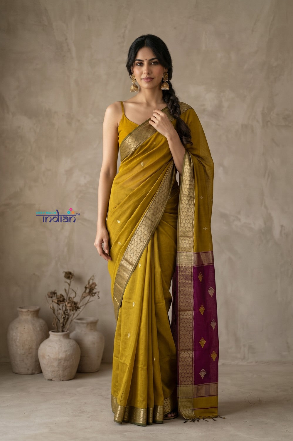 Tarang 2.0 ~ Designer Handloom Cotton Silk Saree in Mustard Yellow and Pink