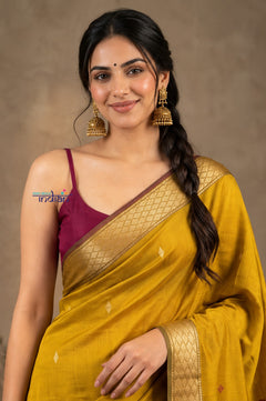 Tarang 2.0 ~ Designer Handloom Cotton Silk Saree in Mustard Yellow and Pink