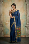 Virasat 2.0 ~ Handloom Pure Cotton Paithani With Lotus Pallu ~ Navy Blue