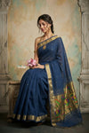 Virasat 2.0 ~ Handloom Pure Cotton Paithani With Lotus Pallu ~ Navy Blue