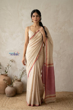 Tarang 2.0 ~ Designer Handloom Cotton Silk Saree in Salient White and Pink