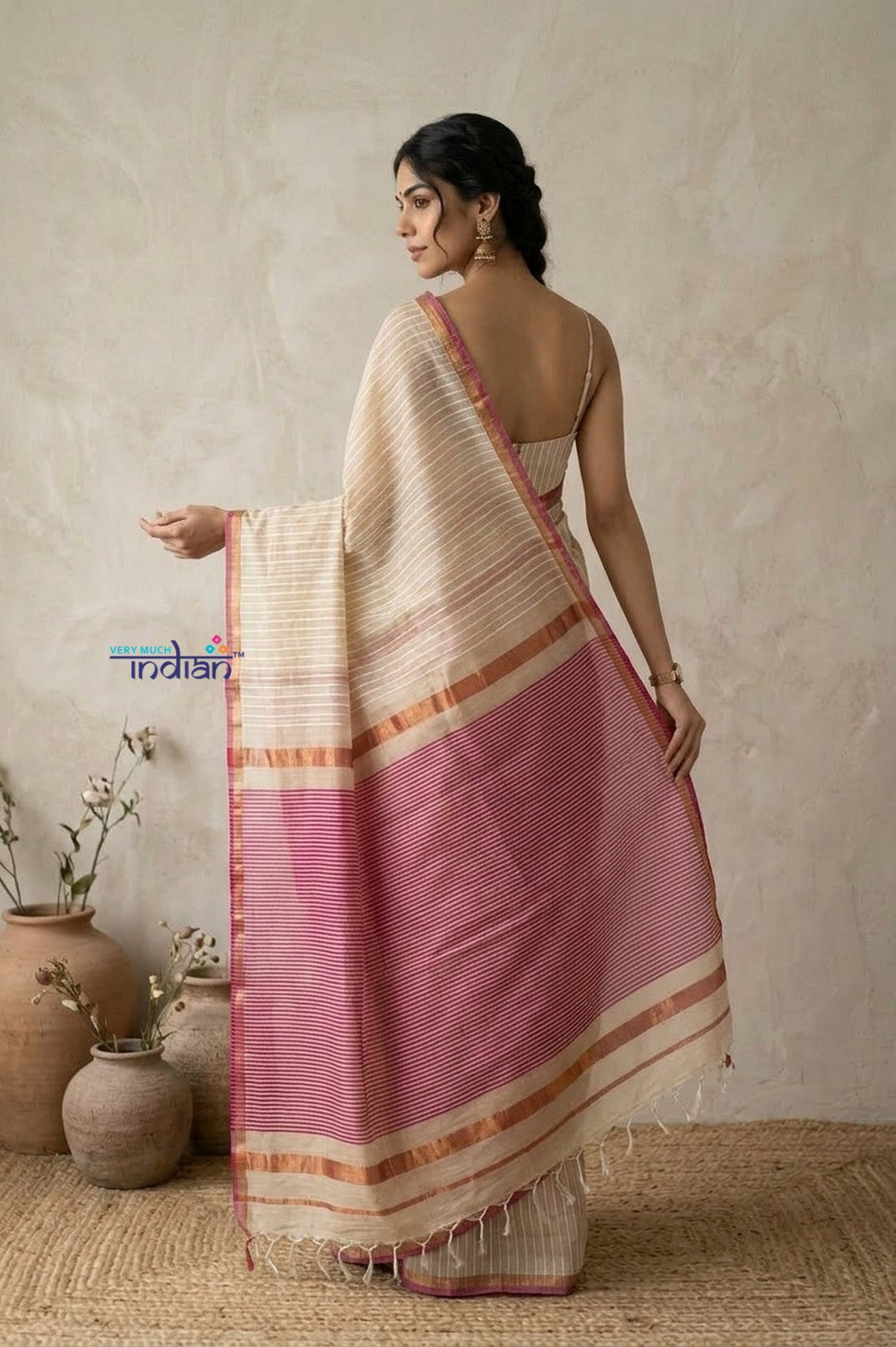 Tarang 2.0 ~ Designer Handloom Cotton Silk Saree in Salient White and Pink